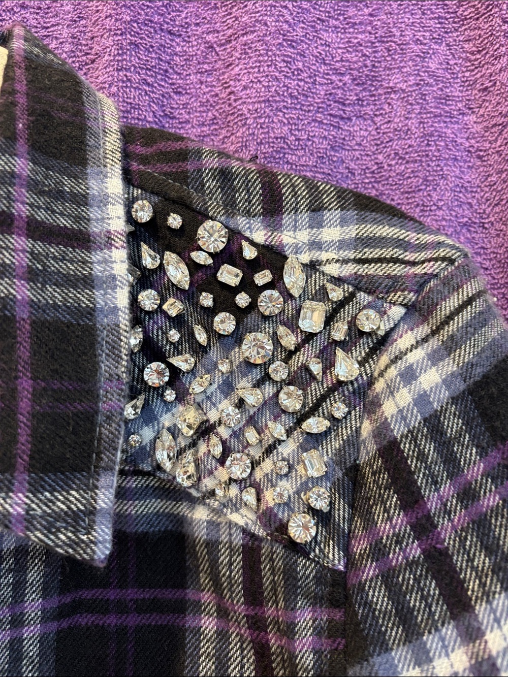 NWOT Crystal Embellishment Plaid Button-Down Shirt - Black & Purple - Picture 5 of 7